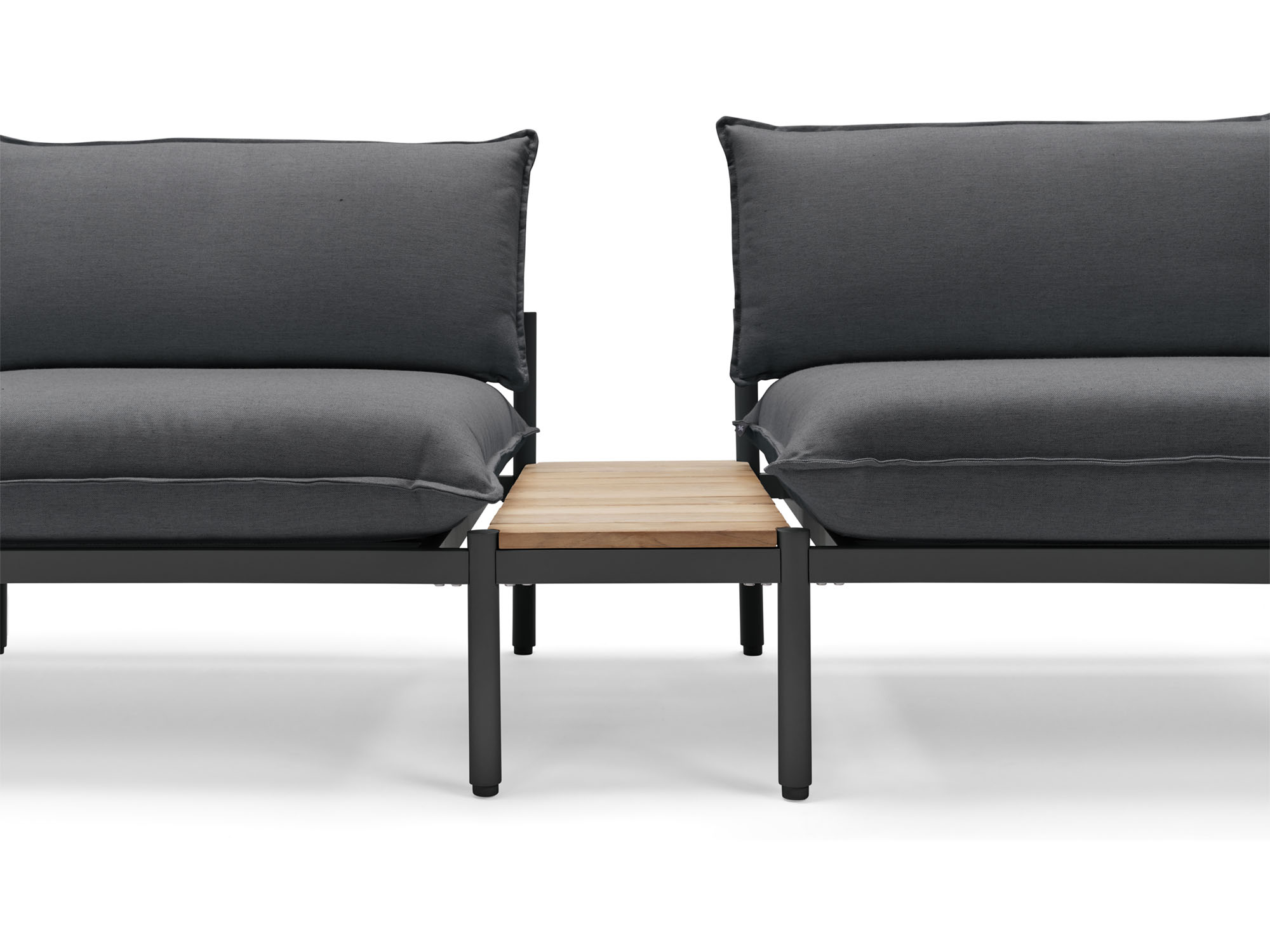 Front view of wood and black small outdoor end table